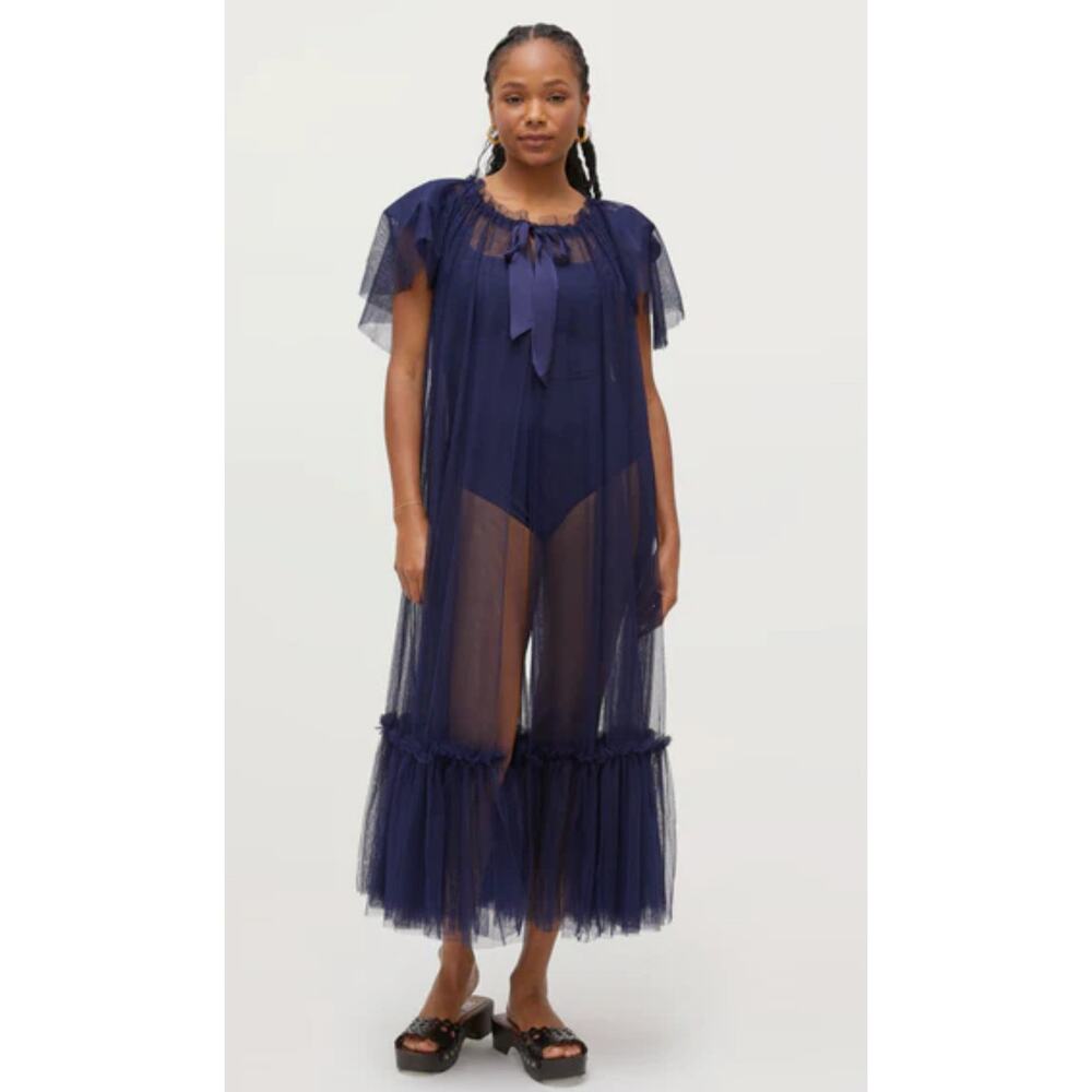 Hill House Navy Blue Sheer Tulle Robe with Ruffle Hem